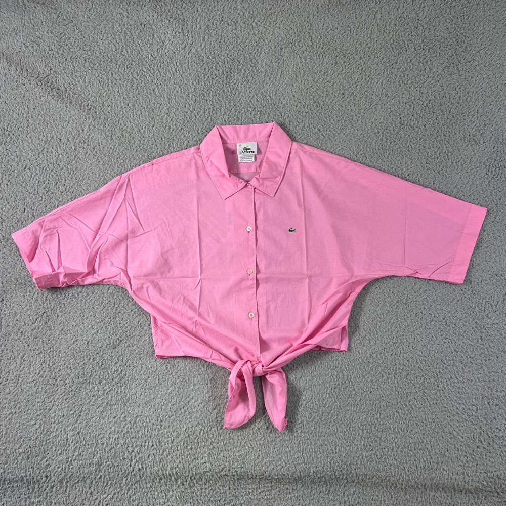 Lacoste Tie Front Shirt Women US Size L (EU/10) Pink Cotton Cropped Button Up
